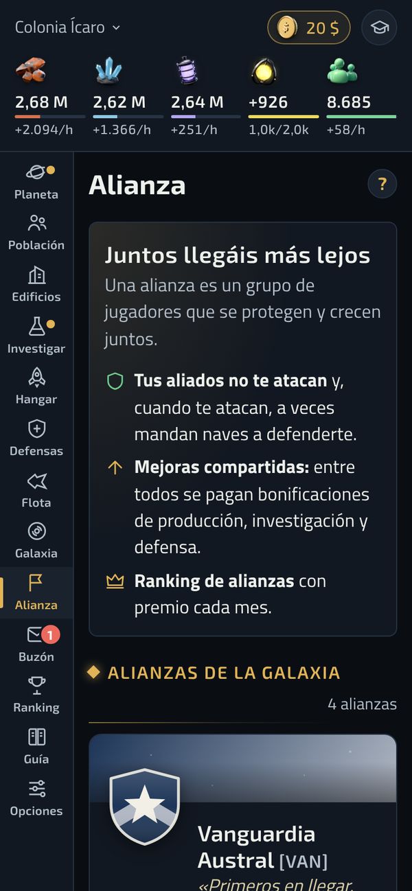 Pantalla de alianzas con sus ventajas