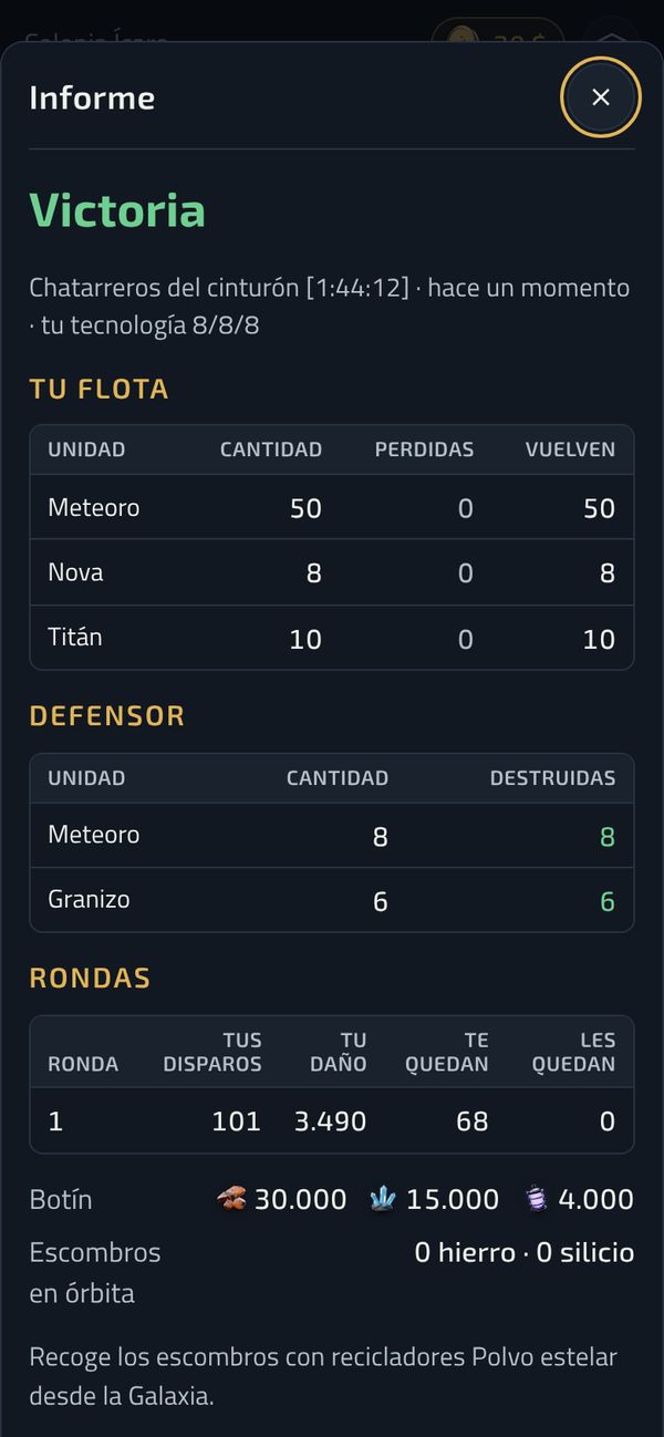 Informe de una batalla ganada, con las naves de cada lado y el botín