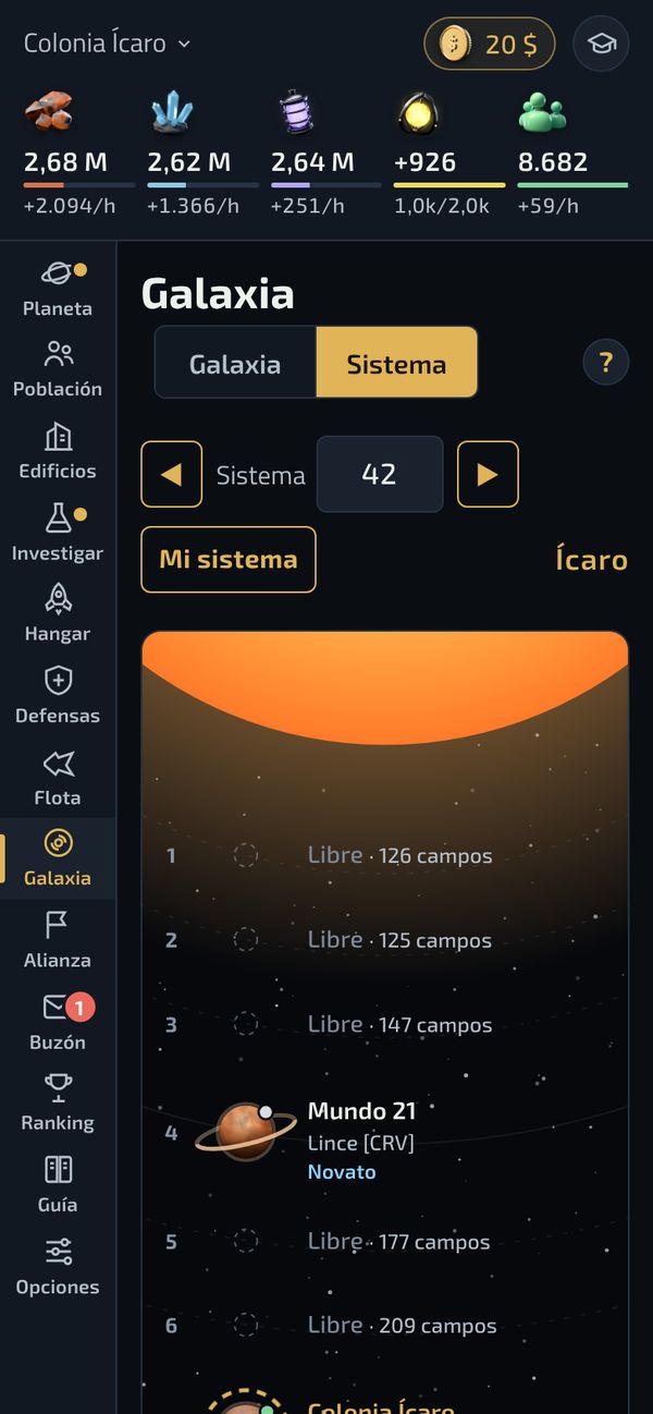 Mapa de un sistema solar con las posiciones libres para colonizar