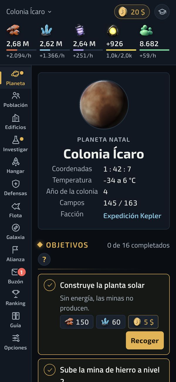 Pantalla del planeta natal, con sus datos y los objetivos