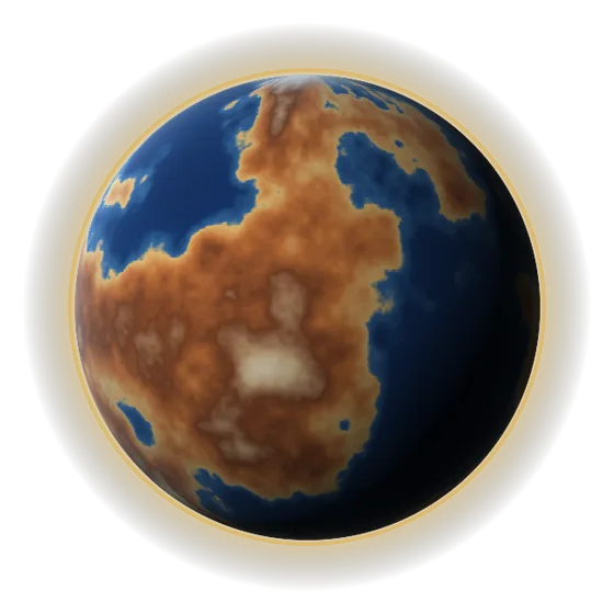 Planeta con el aspecto Pionero: océanos azul profundo, continentes de cobre y halo dorado